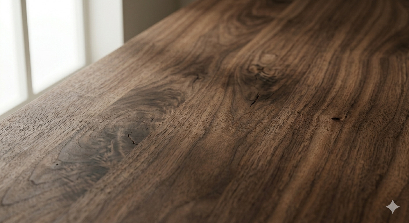 Modulo contatti Flowline Studio per progetti di interior design, con dettaglio materico in legno di noce massiccio.