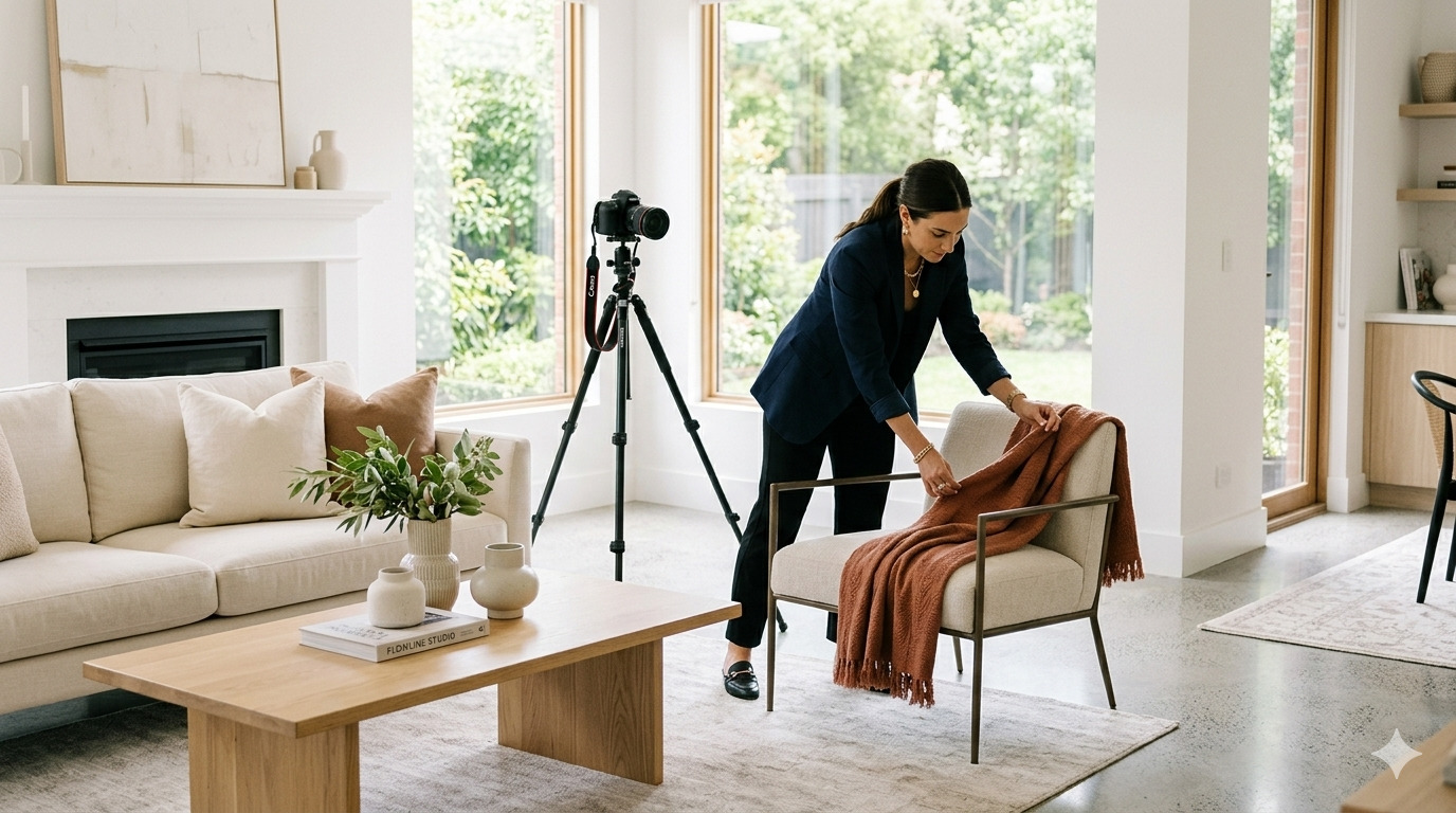 Aumentare valore immobile attraverso un intervento di Home Staging professionale curato da Flowline Studio, con preparazione del set fotografico e allestimento tessili in un soggiorno moderno e luminoso.