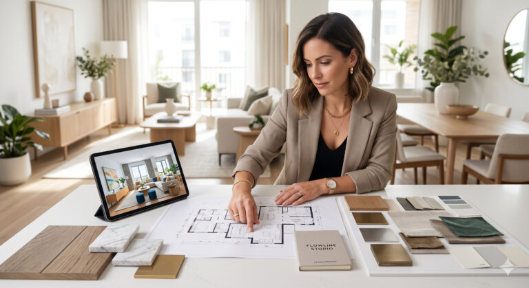 Un interior designer professionista seduta a una scrivania moderna che indica una planimetria architettonica, circondata da campioni di materiali (legno, marmo, tessuto), un tablet che mostra un rendering 3D di un salotto e un taccuino con la scritta "FLOWLINE STUDIO DESIGN STRATEGY". Lo sfondo è un open space luminoso e moderno stile Japandi con vista esterna.