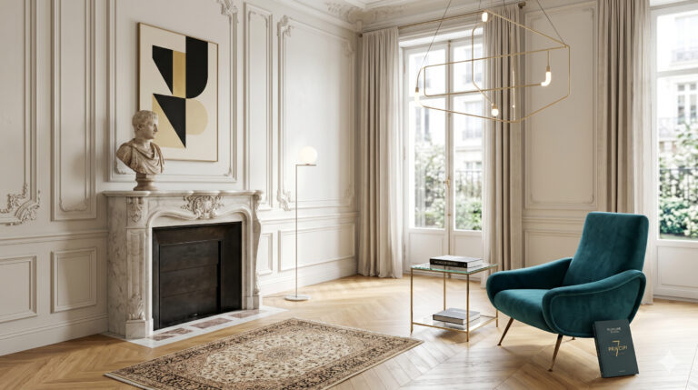 Principi interior design applicati in un salone che fonde stile classico e moderno, con camino in marmo, pareti a boiserie, poltrona in velluto ottanio e un lampadario geometrico dorato su parquet a spina di pesce.