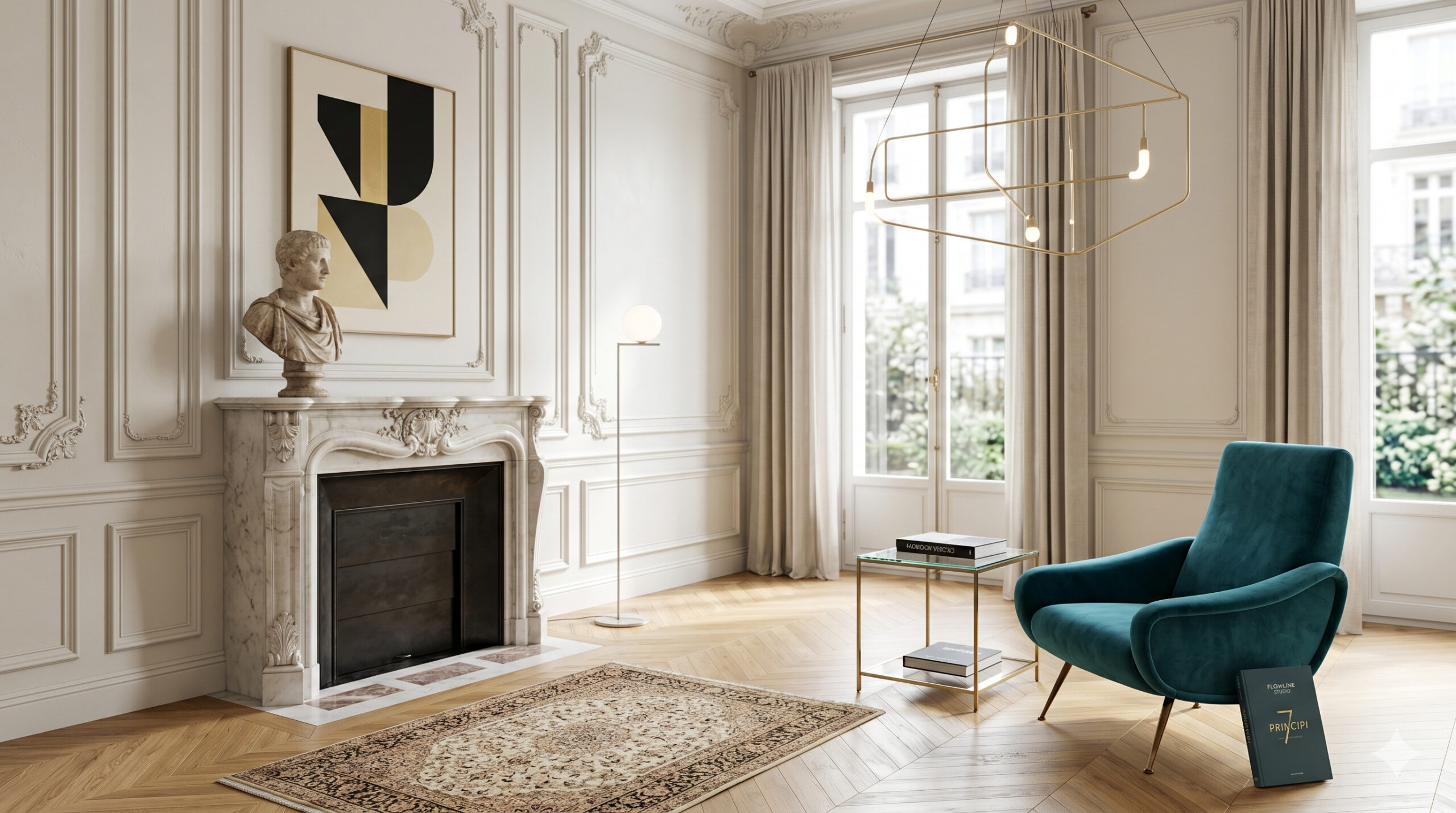 Principi interior design applicati in un salone che fonde stile classico e moderno, con camino in marmo, pareti a boiserie, poltrona in velluto ottanio e un lampadario geometrico dorato su parquet a spina di pesce.