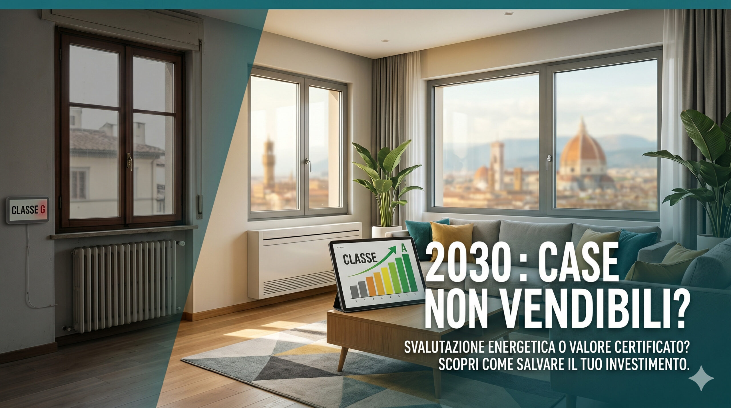 Case non vendibili 2030: un confronto visivo tra un vecchio soggiorno inefficiente in classe G e lo stesso ambiente riqualificato in classe A da Flowline Studio, con testo esplicativo sovrapposto.