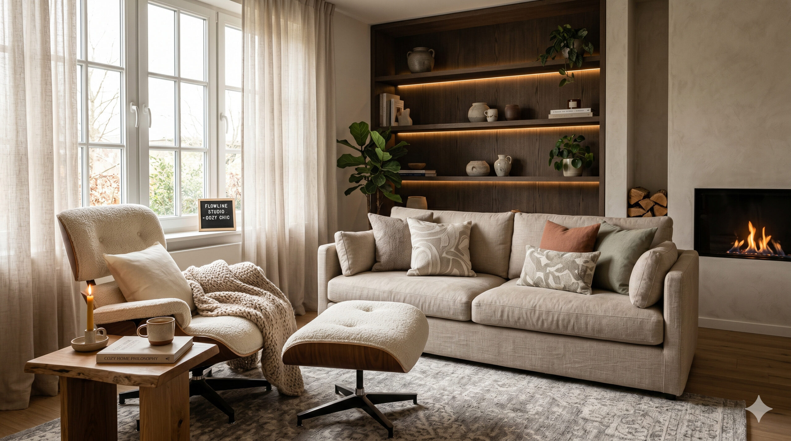 Che cos'è lo stile cozy: soggiorno accogliente con poltrona in tessuto bouclé, divano beige ricco di cuscini, camino acceso e libreria in legno scuro con illuminazione calda integrata.