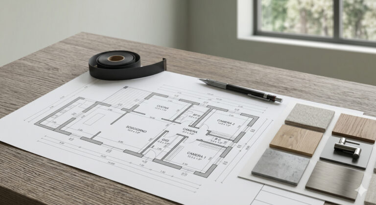 Cosa guardare quando si acquista una casa: una planimetria e una selezione di materiali su un tavolo di legno per valutare il potenziale di ristrutturazione.