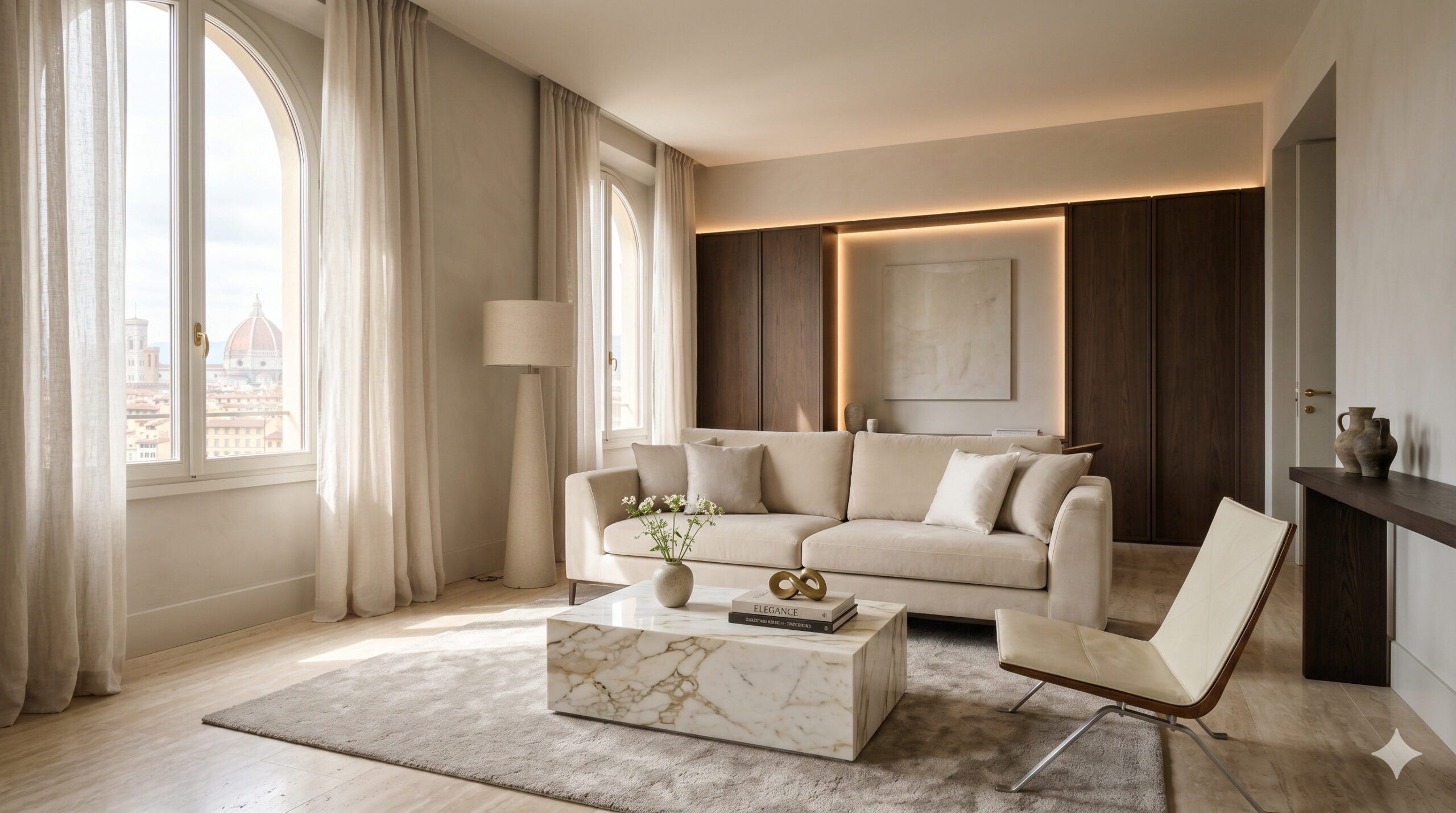Cosa rende elegante una casa: salone moderno e raffinato con divano in velluto crema, tavolino in marmo Calacatta e boiserie in legno scuro retroilluminata, con vista su Firenze.