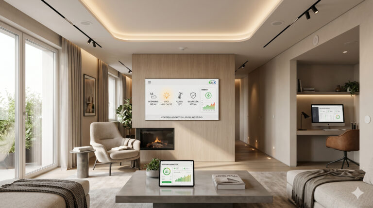 Cos'è la domotica: rappresentazione di un living moderno integrato con pannello di controllo a parete, illuminazione smart a soffitto e tablet per la gestione energetica in primo piano.