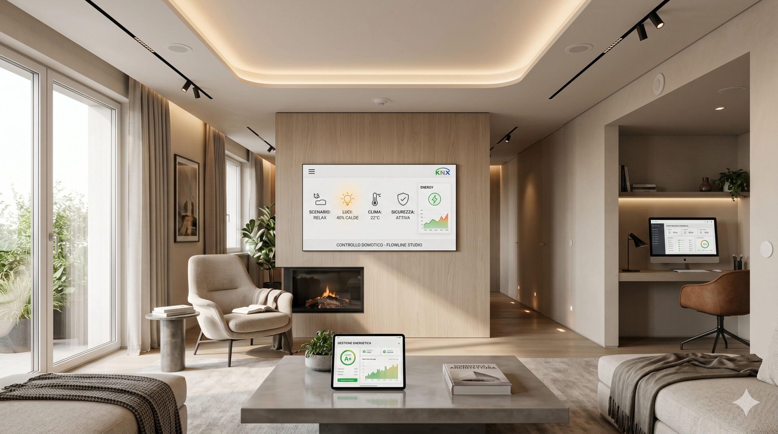 Cos'è la domotica: rappresentazione di un living moderno integrato con pannello di controllo a parete, illuminazione smart a soffitto e tablet per la gestione energetica in primo piano.
