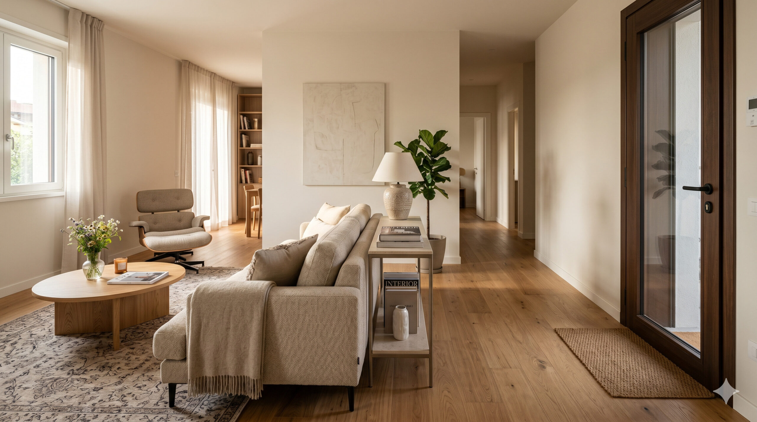 Posizionamento divano ingresso: vista prospettica di un open space moderno con divano beige e consolle dietro lo schienale, posizionati strategicamente rispetto alla porta d'ingresso con vetro sulla destra.