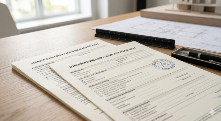 Qual è la differenza tra CILA e SCIA: moduli ufficiali per pratiche edilizie con timbro professionale e planimetrie su un tavolo da lavoro.