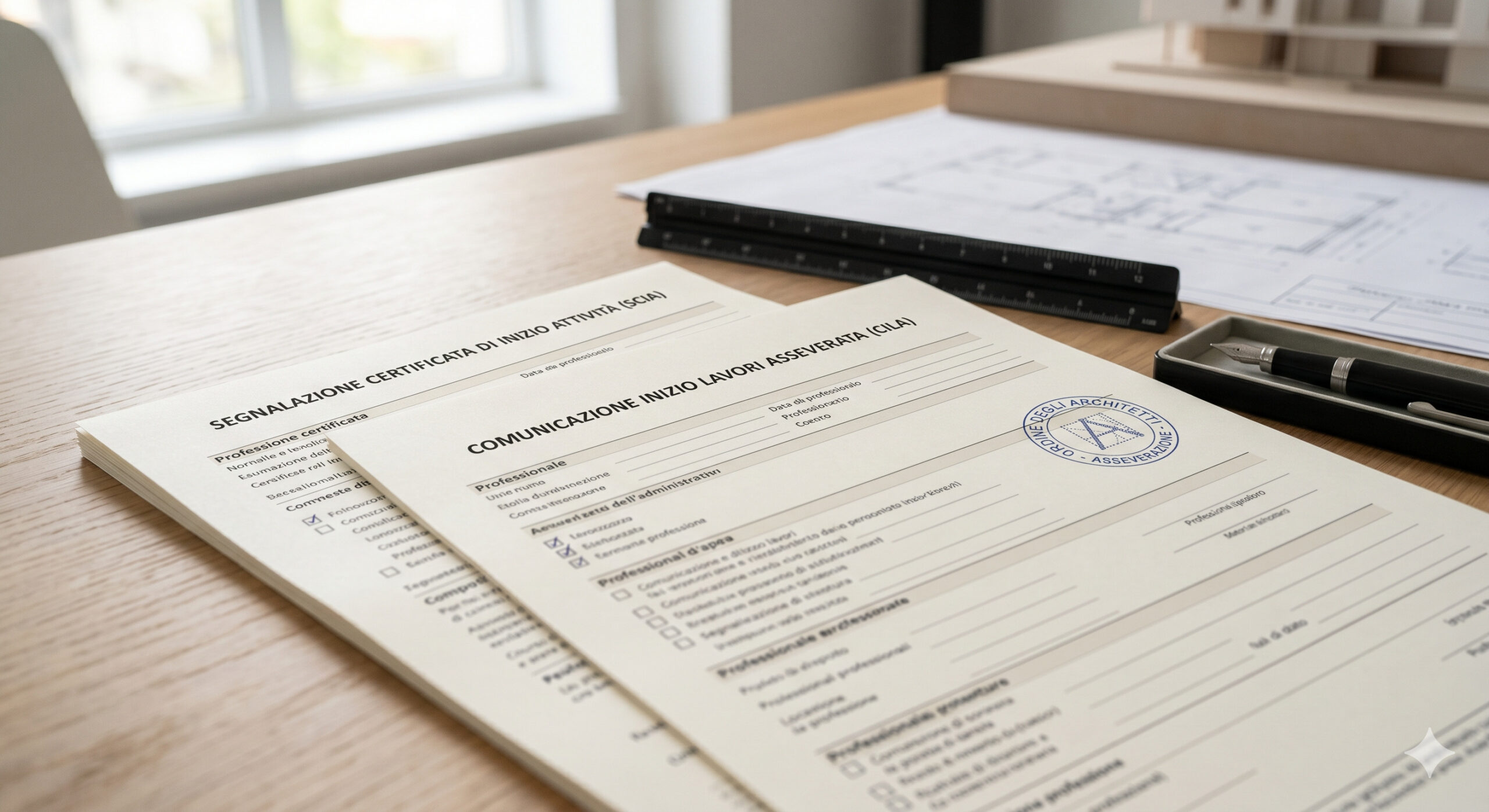 Qual è la differenza tra CILA e SCIA: moduli ufficiali per pratiche edilizie con timbro professionale e planimetrie su un tavolo da lavoro.