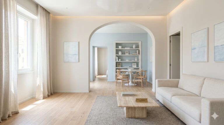 Quali colori fanno sembrare una casa più grande: ampio living moderno con pareti greige, soffitto bianco luminoso, pavimenti in legno chiaro continui e un arco che apre la vista verso una zona pranzo celeste polvere.