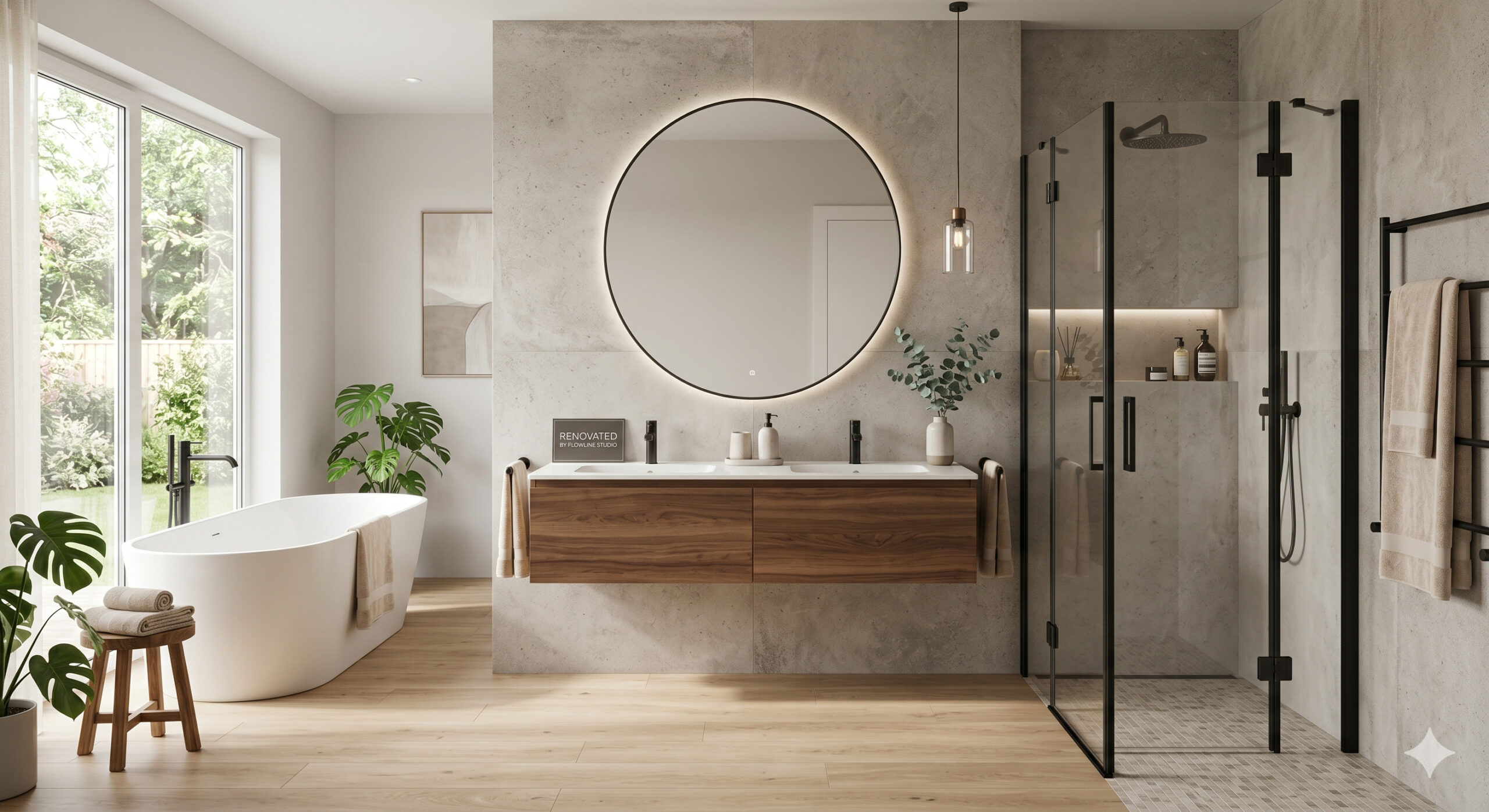 Rifare il bagno aumenta il valore della casa grazie a ristrutturazioni di design con Flowline Studio, come questo ambiente con vasca da bagno e doccia a vetri.