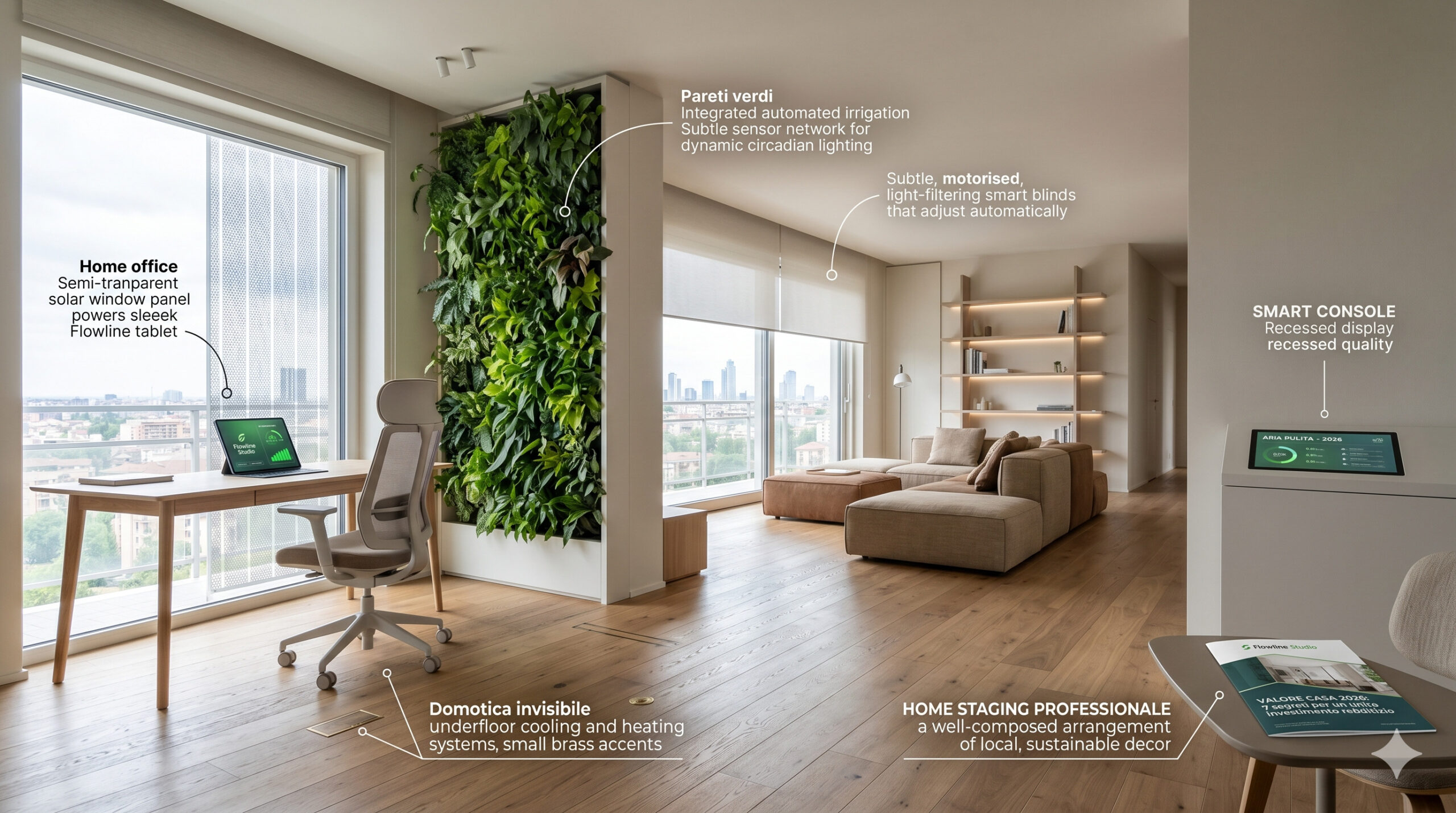 Valore casa 2026: interno di un appartamento moderno progettato da Flowline Studio con parete verde biofila, home office integrato e tecnologie di domotica invisibile.