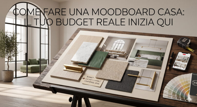 come fare una moodboard casa professionale sul tavolo da disegno con campioni di materiali e budget