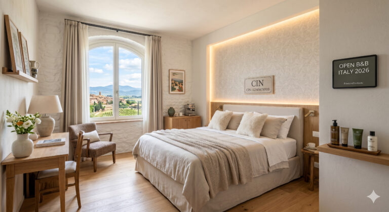 Aprire un b&b in italia nel 2026: camera da letto di design in un casale in pietra con vista sulla campagna toscana, allestita con tecniche di home staging e restyling strategico da Flow Line Studio.