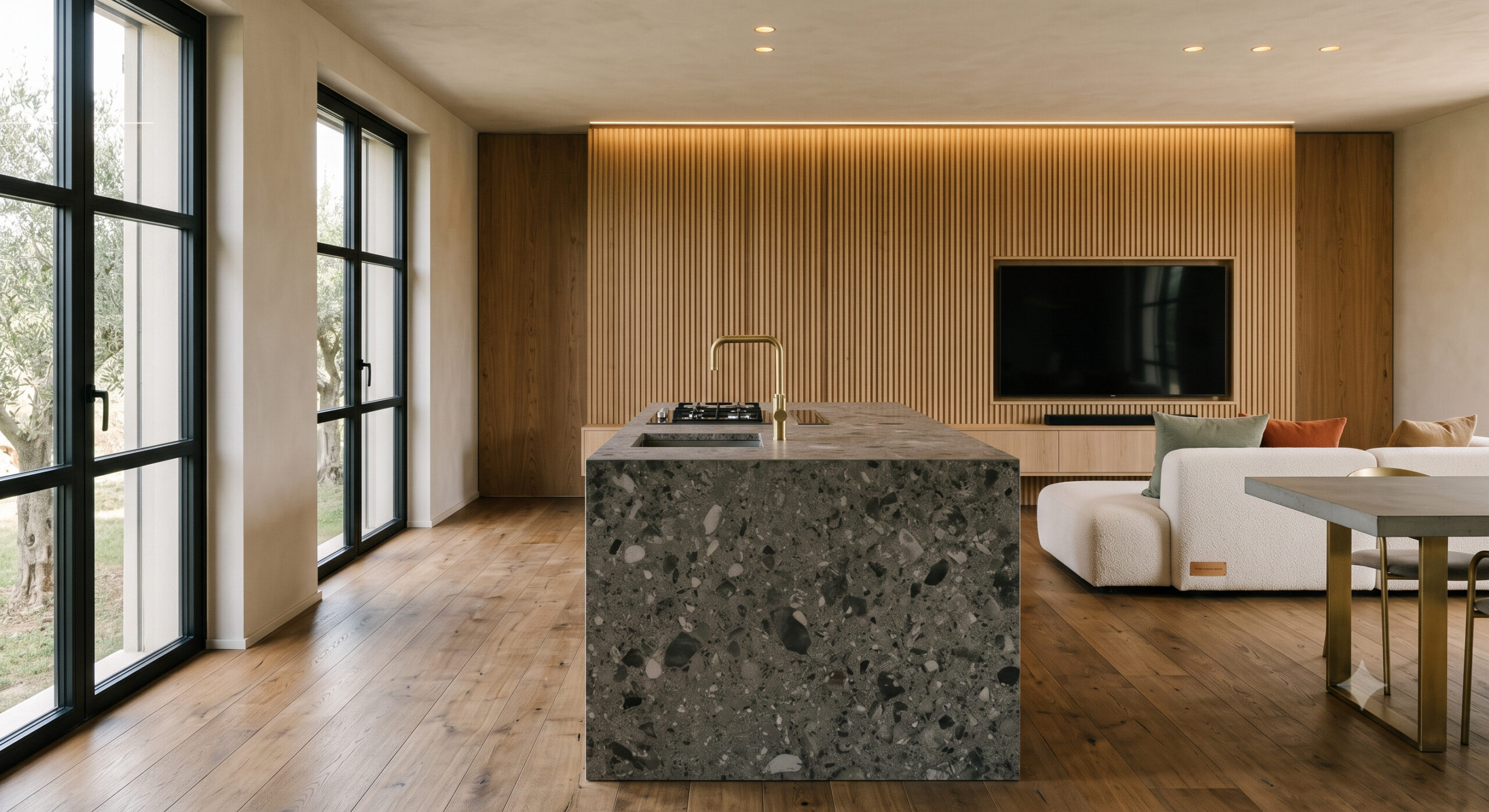 Come arredare casa moderna con una cucina open space: mix di isola in Ceppo di Gré, pareti cannettate in legno e ampie finestre sul giardino, perfetta per FlowLine Studio.