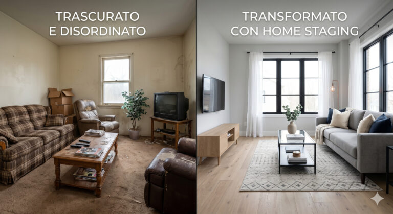 Cosa fa diminuire il valore di una casa mostrato in un'immagine split-screen tra una stanza svalutata e una rinnovata con home staging.