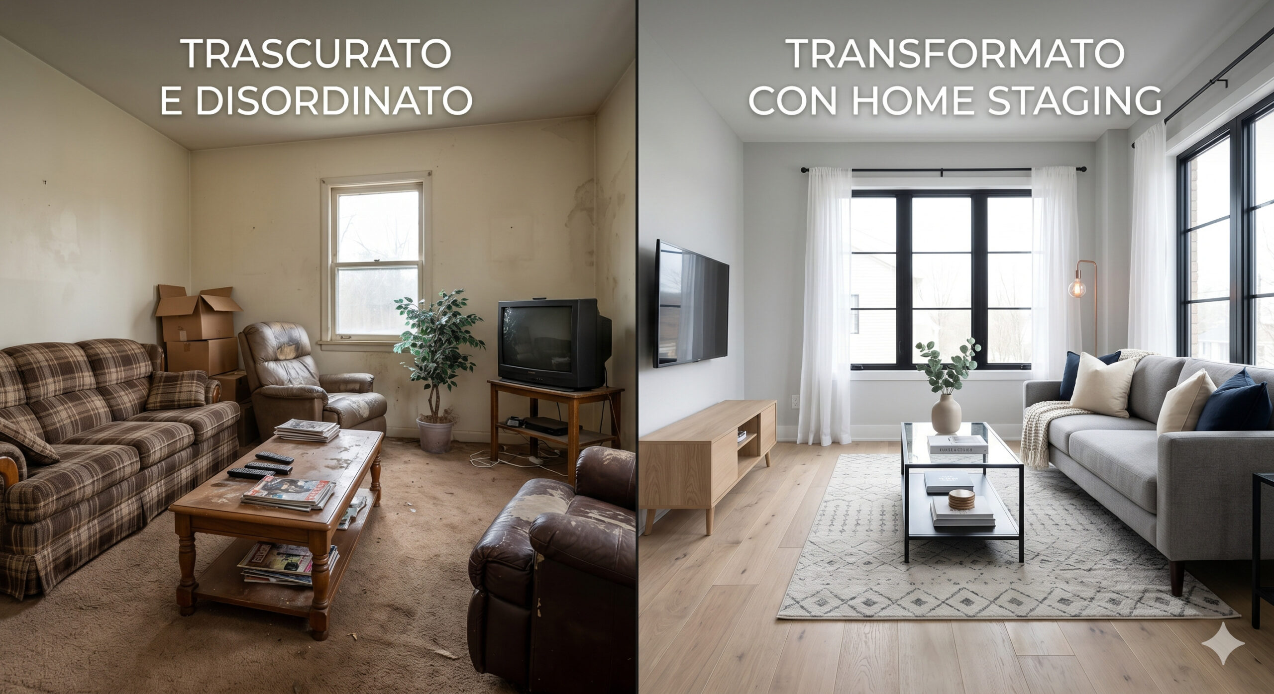 Cosa fa diminuire il valore di una casa mostrato in un'immagine split-screen tra una stanza svalutata e una rinnovata con home staging.