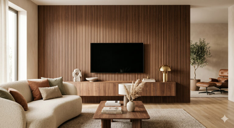 Legno cannettato applicato alla parete TV di un soggiorno moderno in stile minimalismo caldo, con divano in tessuto bouclé panna e arredi in legno coordinati di Flowline Studio.