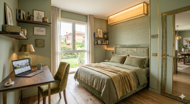 Pagare il mutuo affittando una stanza: elegante camera da letto in stile country chic con pareti verde salvia, dettagli in oro e arredi in legno, allestita con restyling strategico per l'affitto transitorio.
