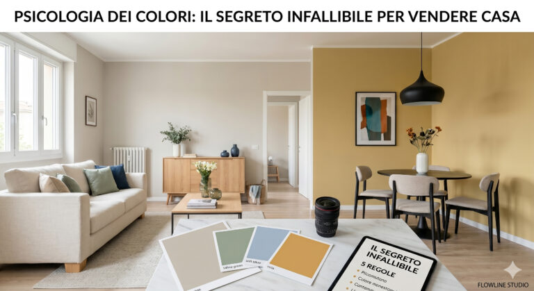 Psicologia dei colori per home staging: un esempio di allestimento d'interni che mostra una zona giorno open space divisa tra un'area living neutra e un angolo pranzo con parete d'accento ocra, con swatches cromatici e un tablet in primo piano.