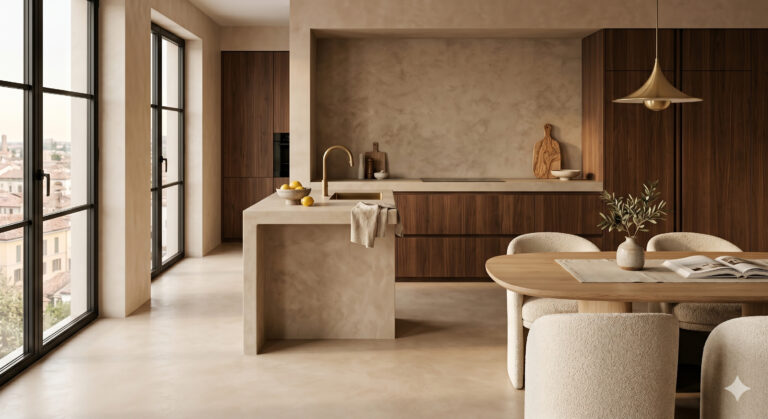 Rinnovare senza demolire i pavimenti e i rivestimenti della cucina moderna grazie all'applicazione di un rivestimento in microcemento in tonalità calda e terrosa, con isola monolitica continua e arredi in legno.