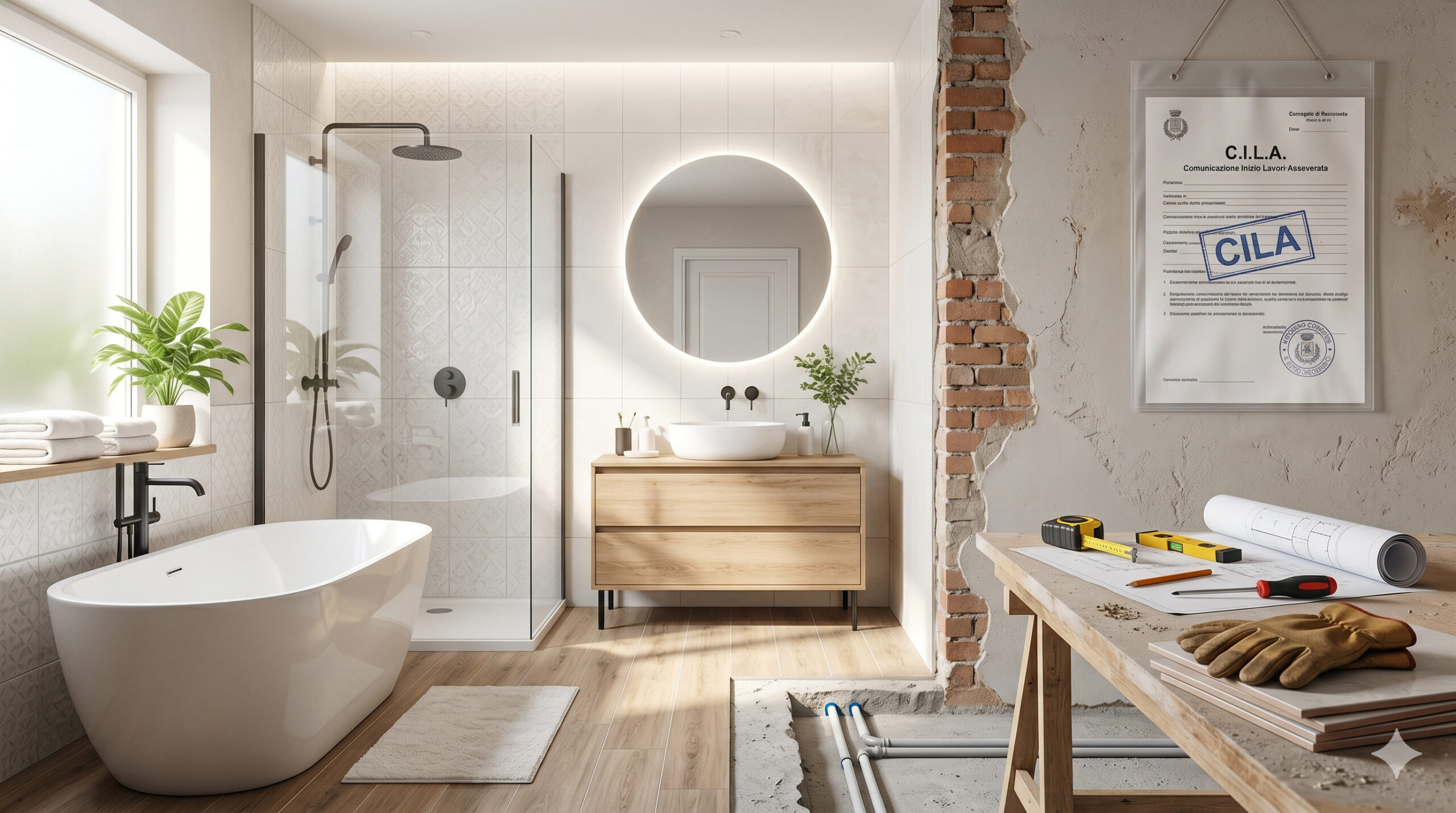 ristrutturare un bagno servono permessi mostrata in un'immagine split-screen che contrappone un moderno bagno completo e un'area di cantiere con strumenti.