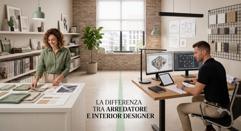 differenza tra arredatore e interior designer rappresentata visivamente in uno studio con campioni di tessuti a sinistra e progetti tecnici 3D a destra.