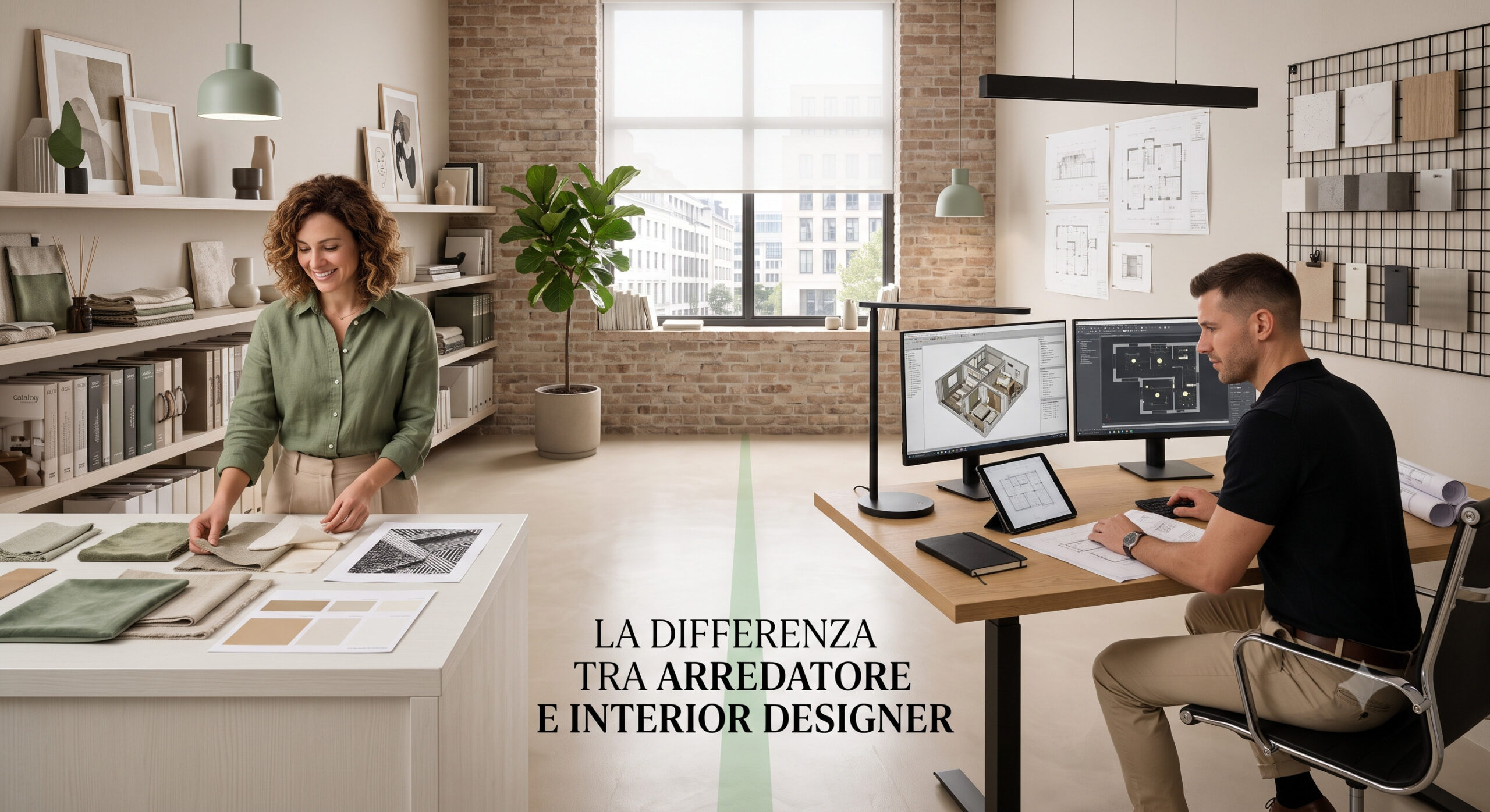 differenza tra arredatore e interior designer rappresentata visivamente in uno studio con campioni di tessuti a sinistra e progetti tecnici 3D a destra.