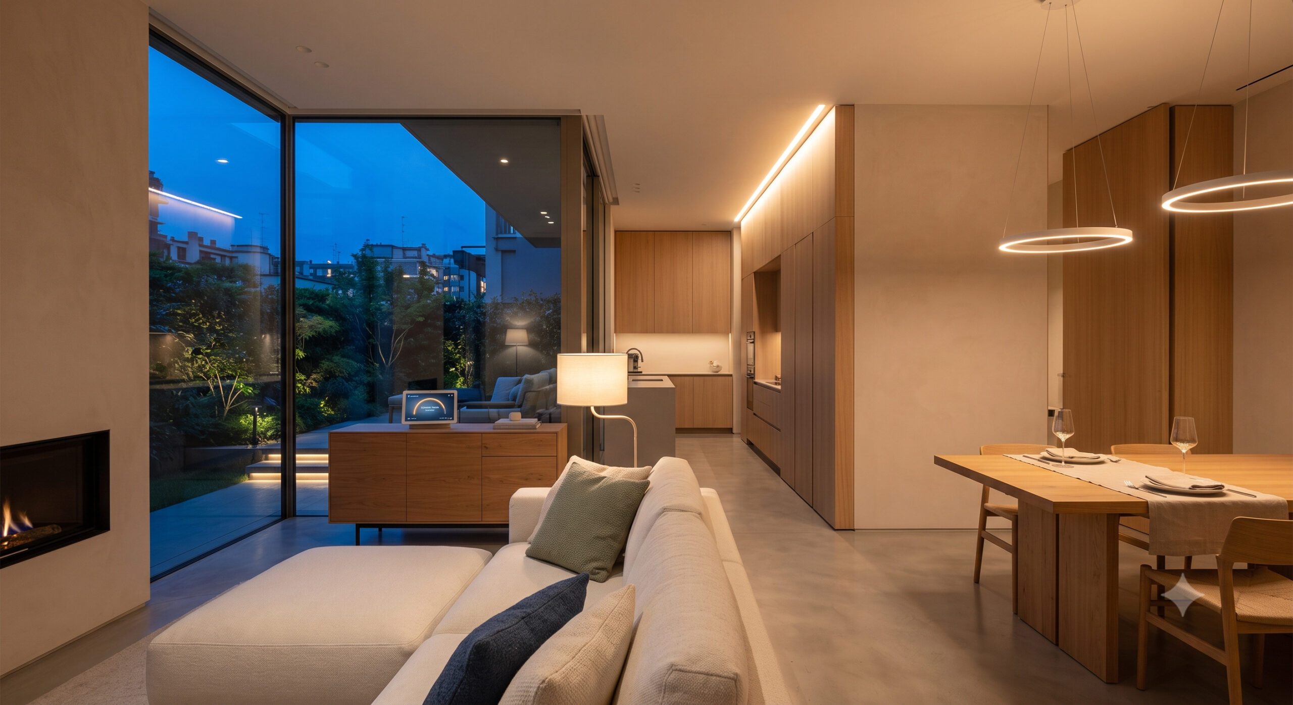 Illuminazione circadiana casa: soggiorno open space con luce biodinamica calda serale, gole LED indirette e vetrata sul crepuscolo progettato da Flow Line Studio.